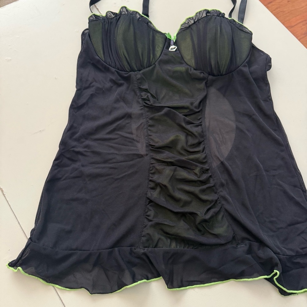 Cyber Glam Neon Lime Green Black Mesh Chemise Open Back Ruffle Festival Corset - Picture 7 of 9
